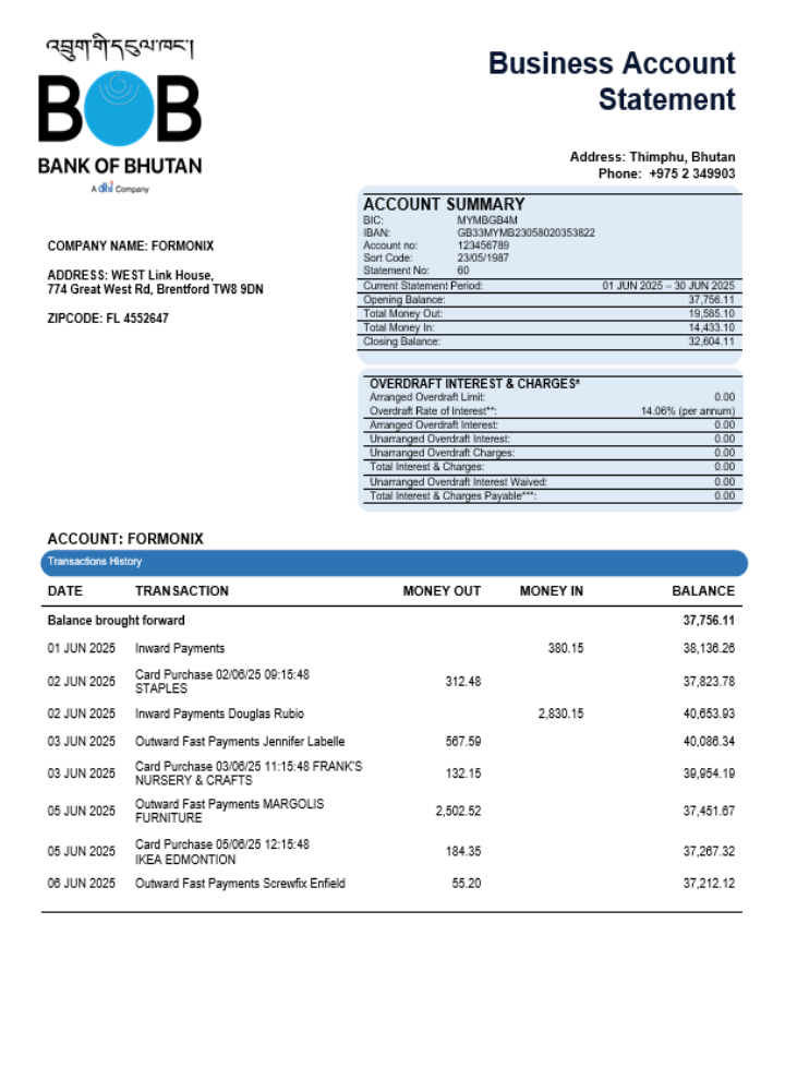 Modèle Word et PDF de relevé de compte d'entreprise de la Banque du Bhoutan